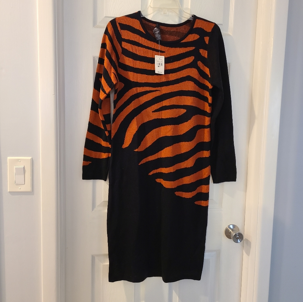 Zebra Print sweater midi dress orange & black womans long sleeve dress